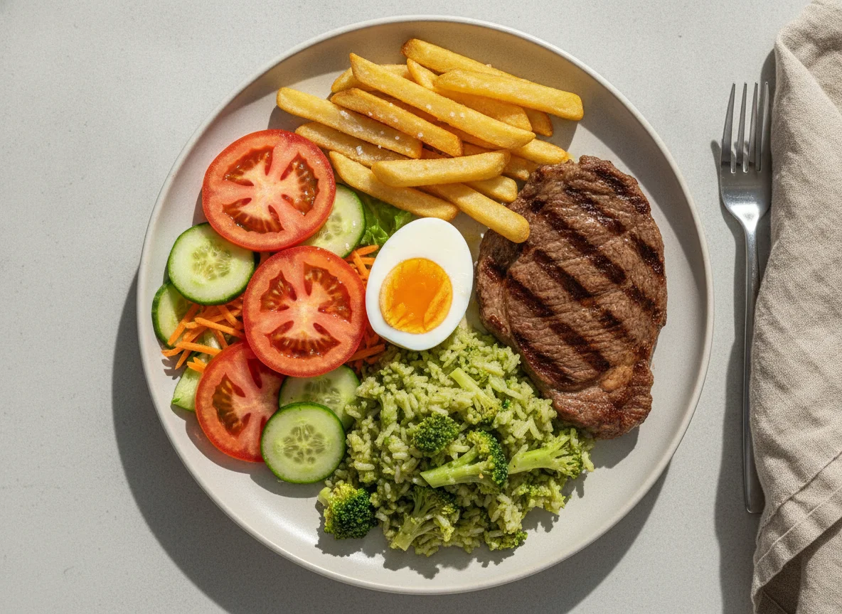 Prato feito com bife, batata frita, ovo e arroz cremoso com brócolis photo
