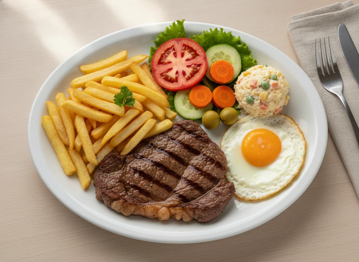 Prato feito com bife, batata frita, ovo e salada photo