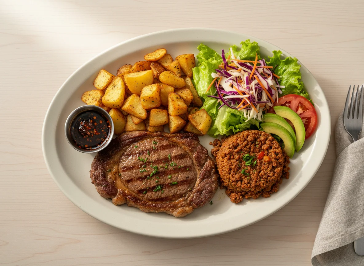 Prato feito com bife, batata rústica, salada e carne moída photo