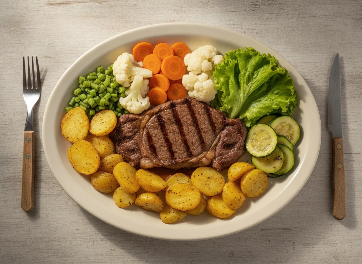 Prato feito com bife, batatas assadas e vegetais variados photo