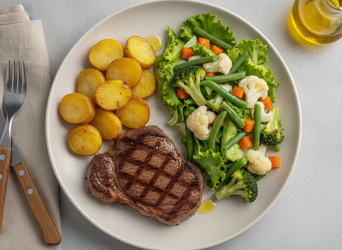 Prato feito com bife, batatas e salada mista photo