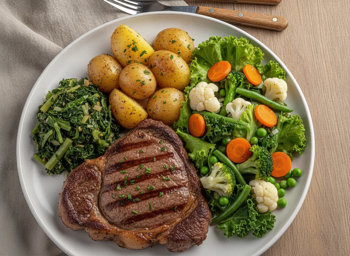 Prato feito com bife, batatas e salada variada photo