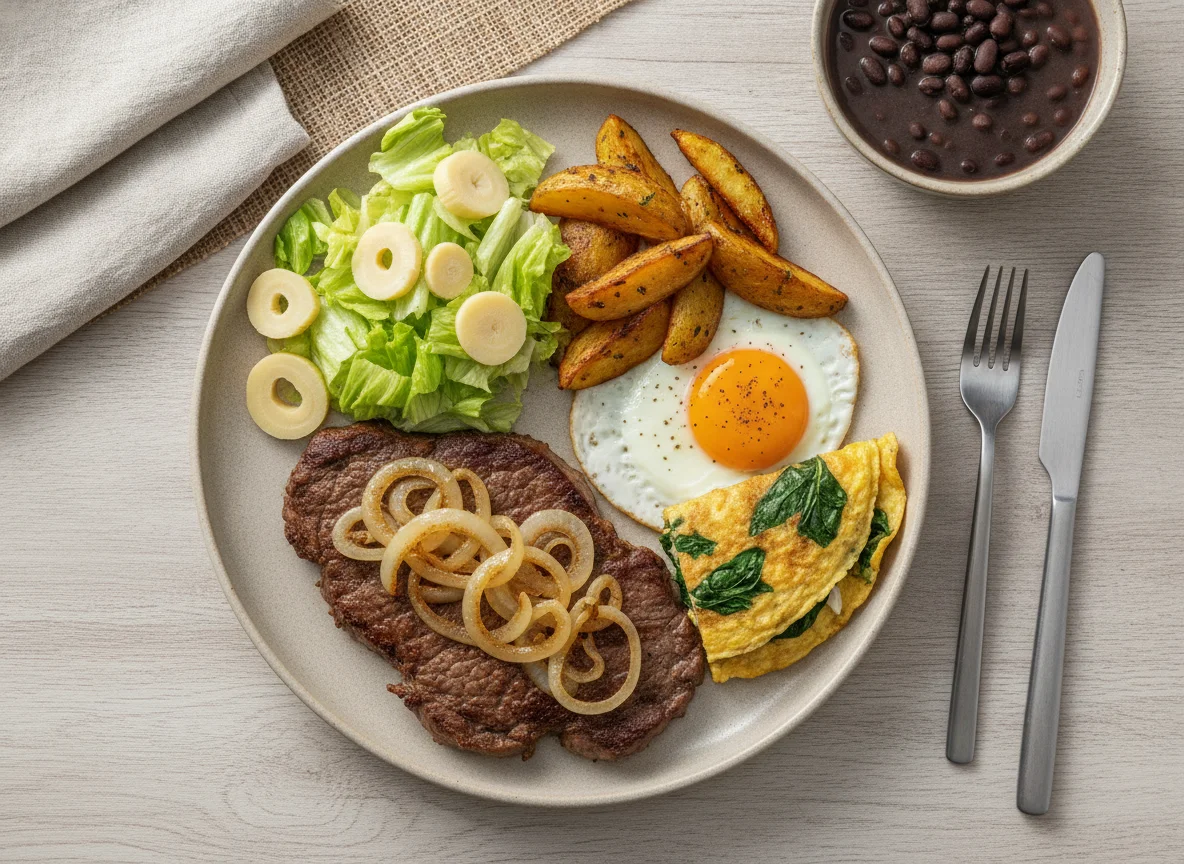 Prato Feito com Bife, Batatas, Ovo e Salada photo
