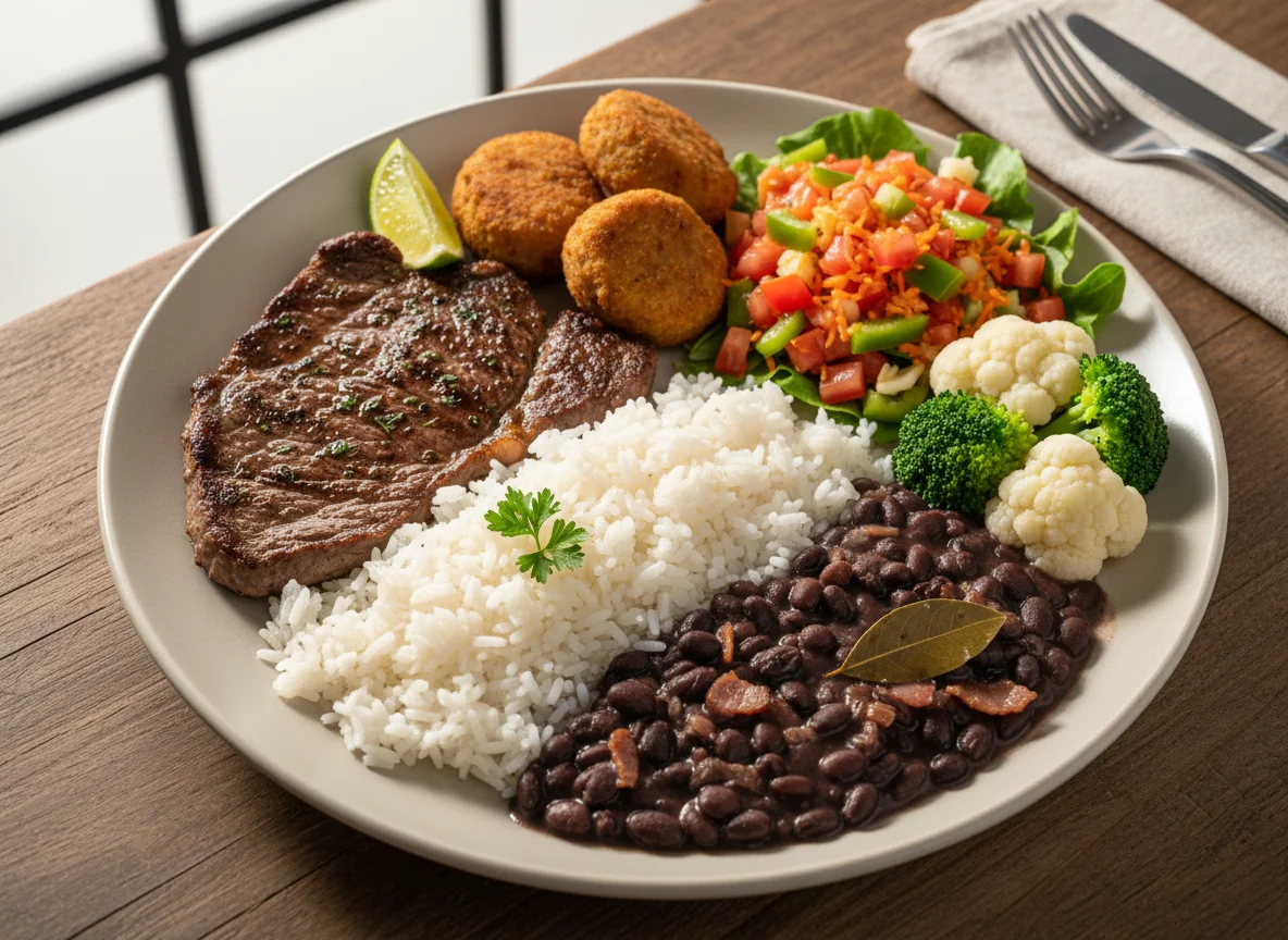 Prato feito com bife, bolinhos de carne, arroz, feijão e salada photo