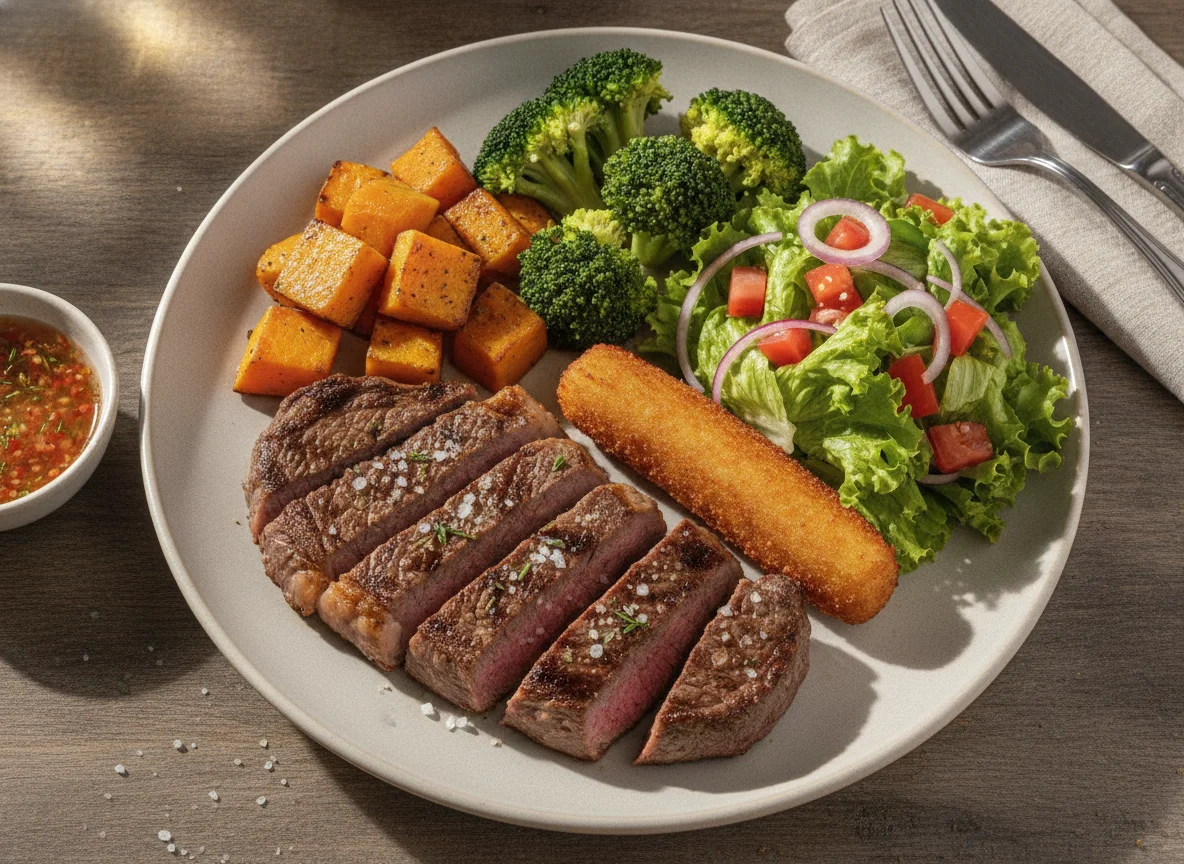 Prato Feito com Bife, Brócolis, Abóbora e Salada photo