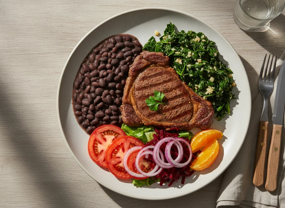 Prato feito com bife, couve e salada photo