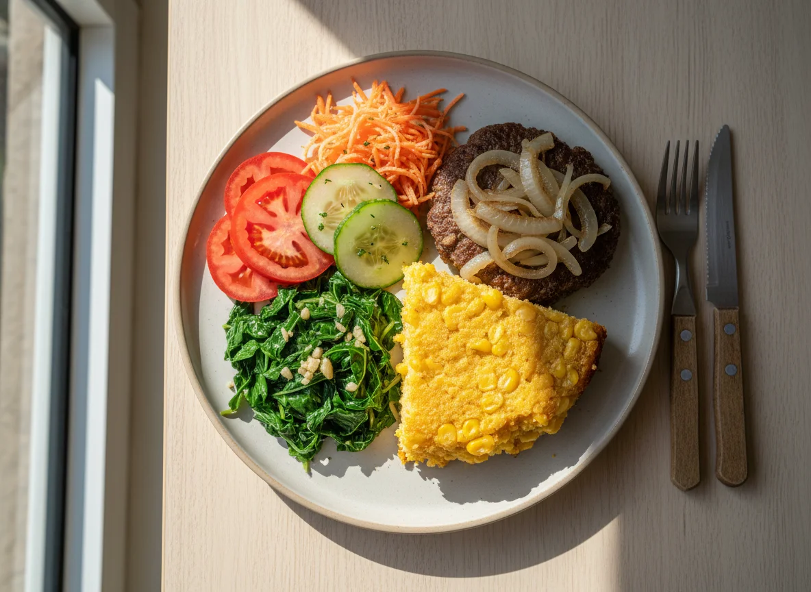 Prato feito com bife, couve, salada e torta de milho photo