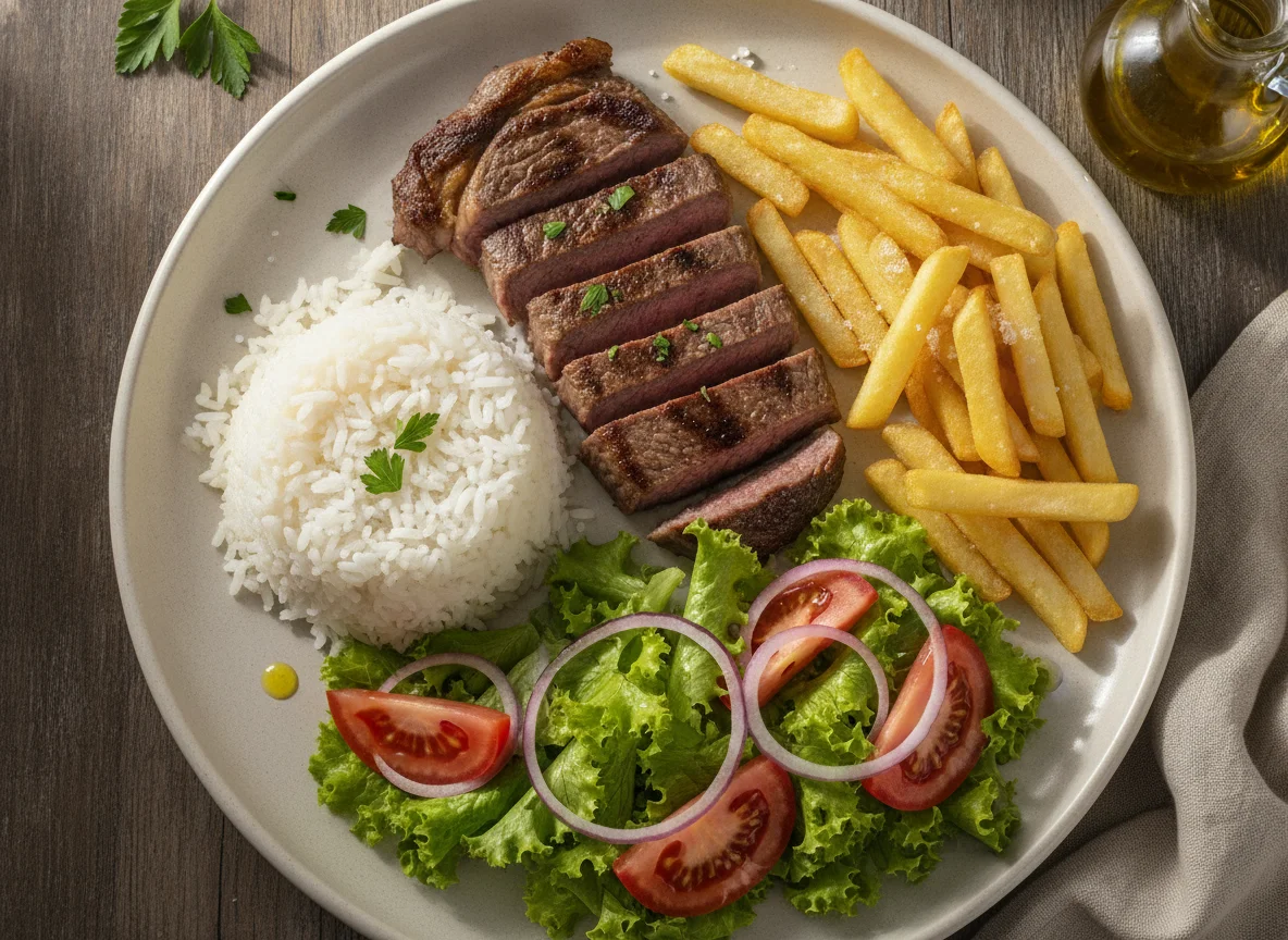 Prato feito com bife de alcatra, arroz, batata frita e salada photo