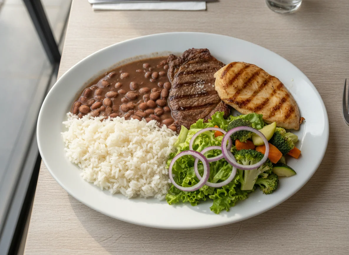Prato feito com bife de carne, filé de frango, arroz, feijão e salada photo