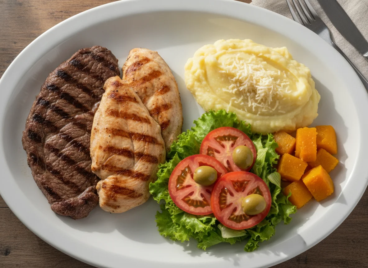 Prato feito com bife de carne, frango grelhado, purê de batata e salada photo