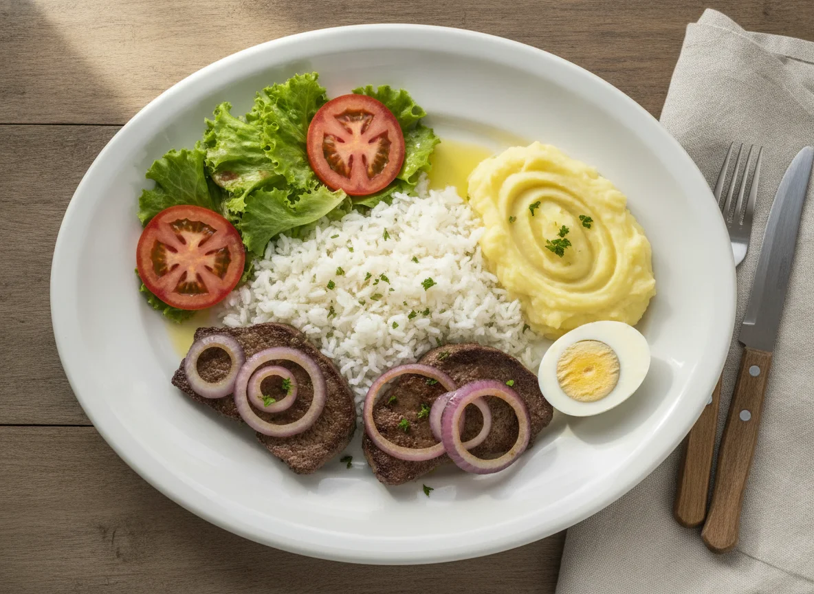 Prato feito com bife de fígado acebolado, arroz, purê de batata, ovo e salada photo