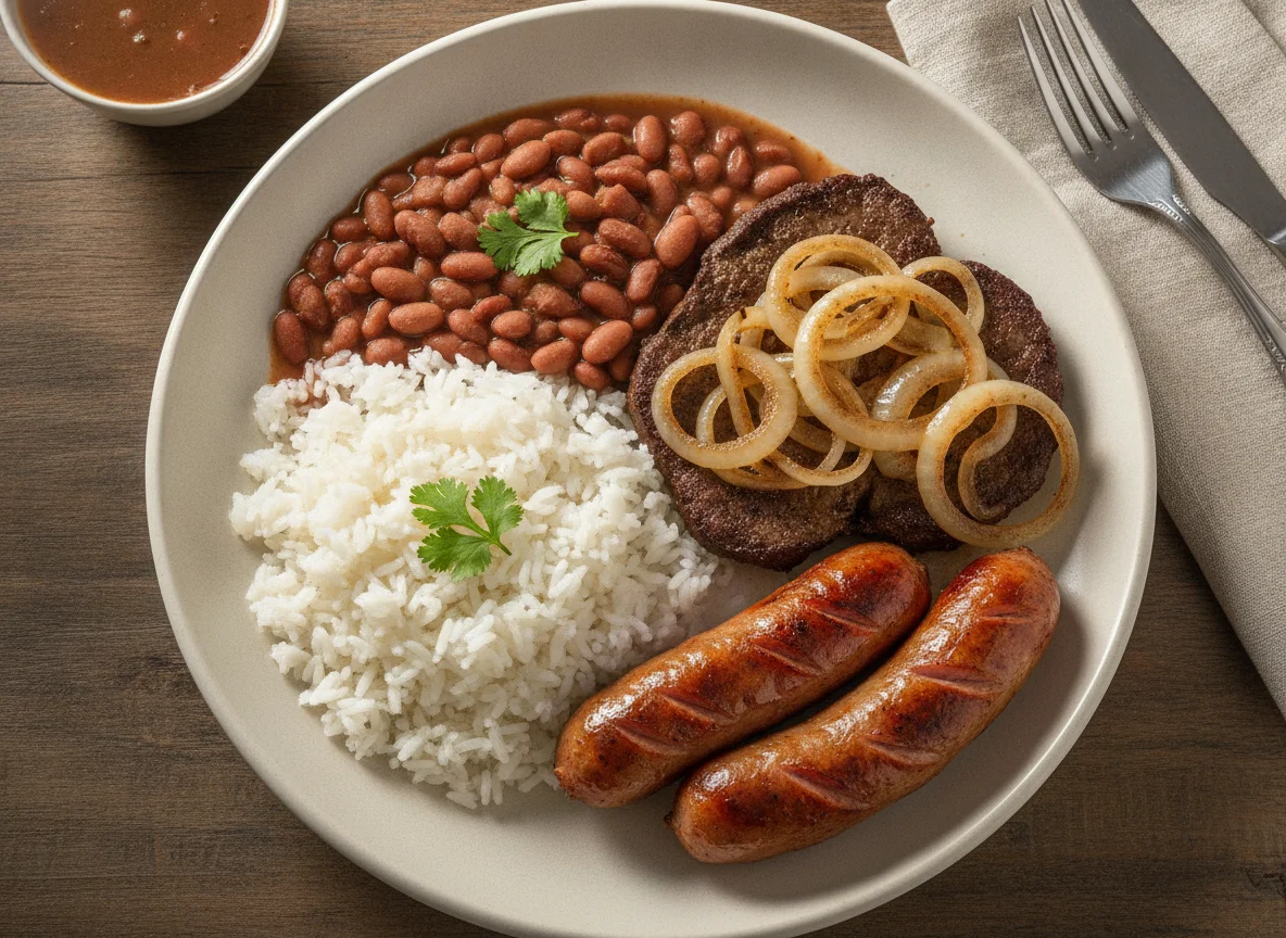Prato feito com bife de fígado, arroz, feijão e linguiça photo