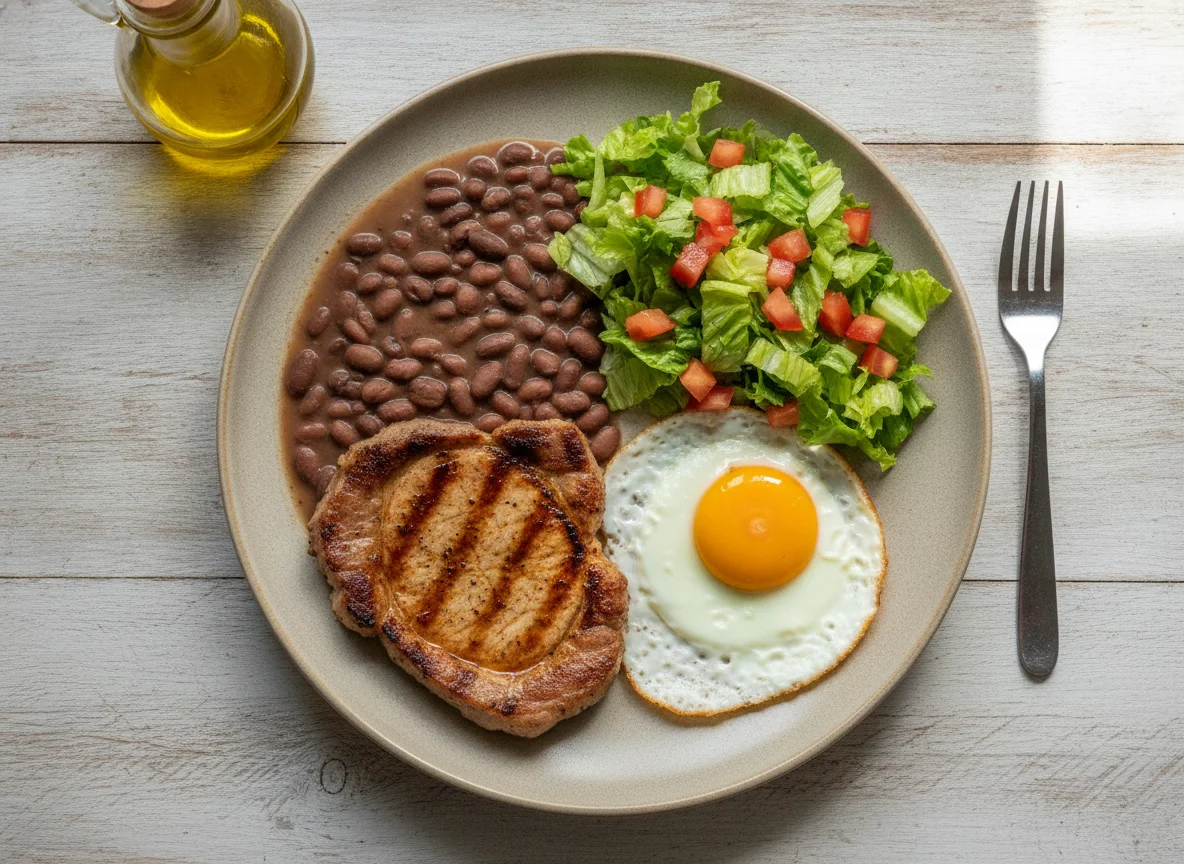 Prato feito com bife de porco, feijão, ovo e salada photo