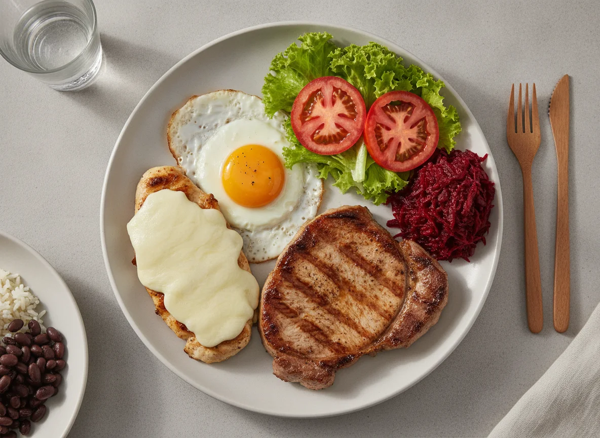 Prato feito com bife de porco, ovo frito, salada e frango com queijo photo