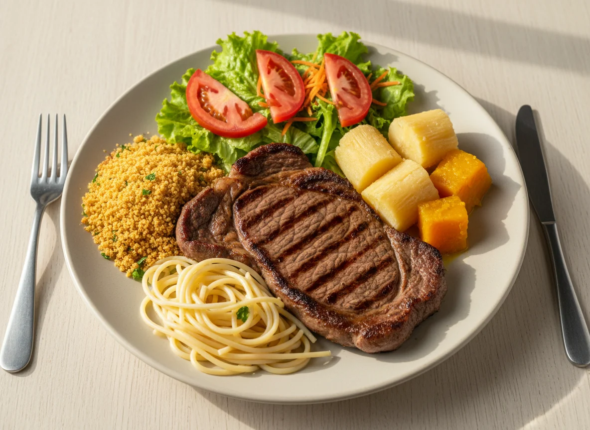 Prato feito com bife e acompanhamentos photo