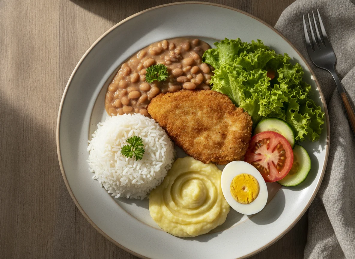 Prato feito com bife empanado, arroz, feijão, purê de batata, ovo e salada photo