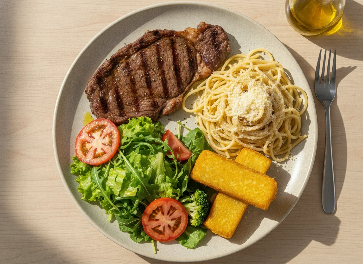 Prato feito com bife, espaguete, polenta e salada photo
