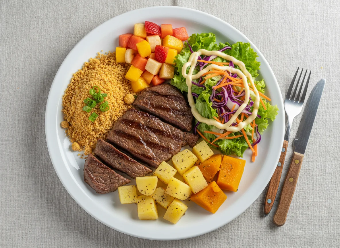 Prato feito com bife, farofa, salada e frutas photo