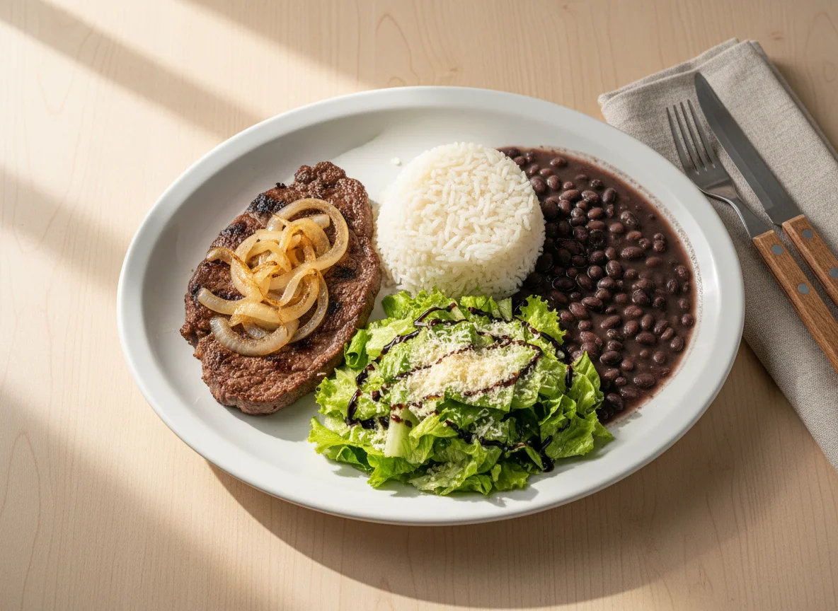 Prato feito com bife, feijão, arroz e salada photo
