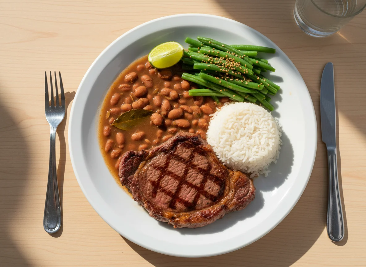 Prato feito com bife, feijão, arroz e vagem photo