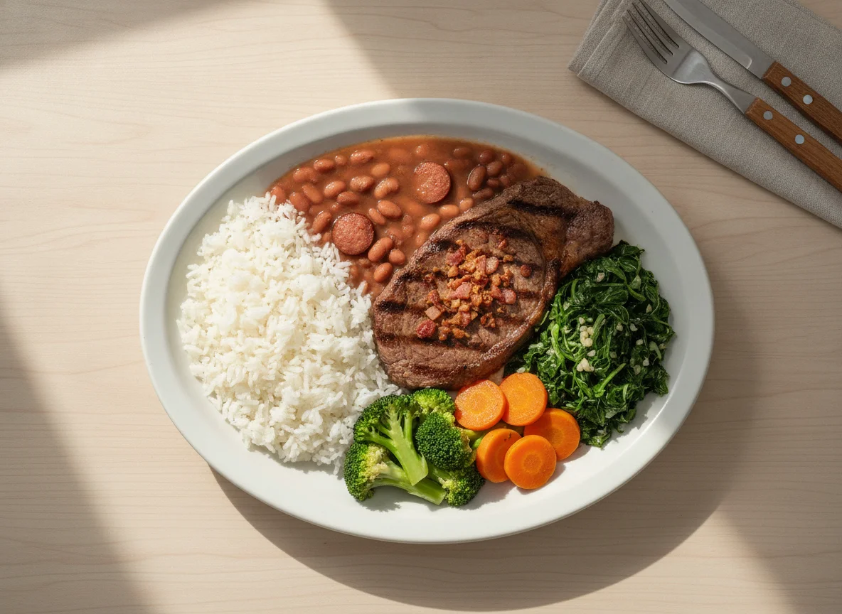 Prato feito com bife, feijão, arroz, legumes e bacon photo