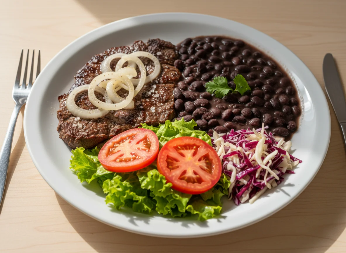 Prato feito com bife, feijão e salada photo
