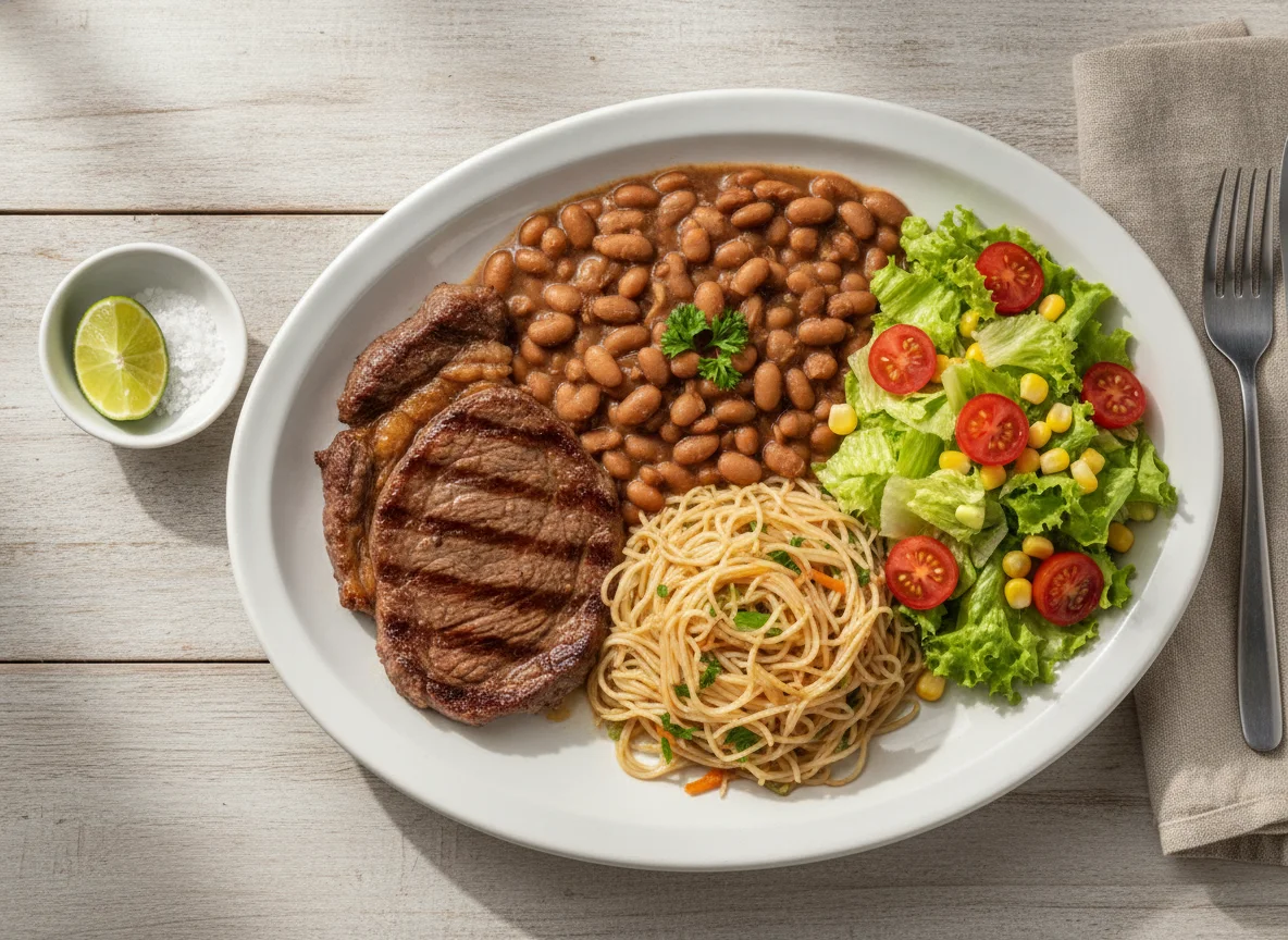 Prato feito com bife, feijão, macarrão de arroz e salada photo