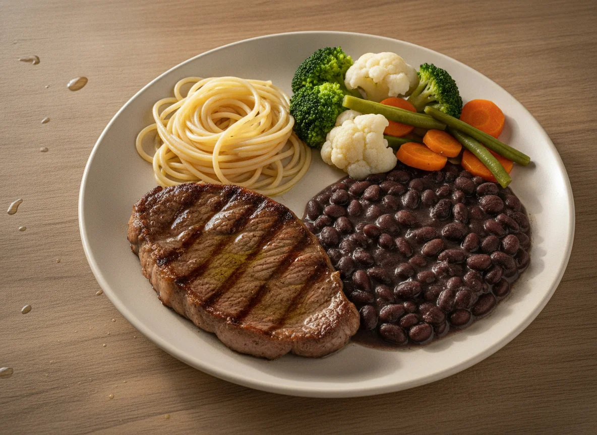 Prato Feito com Bife, Feijão Preto, Macarrão e Vegetais photo