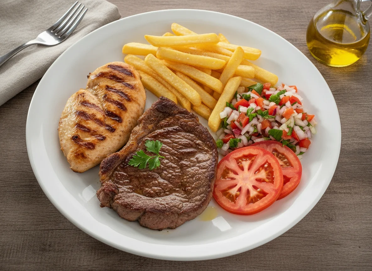 Prato Feito com Bife, Frango, Batata Frita e Salada photo