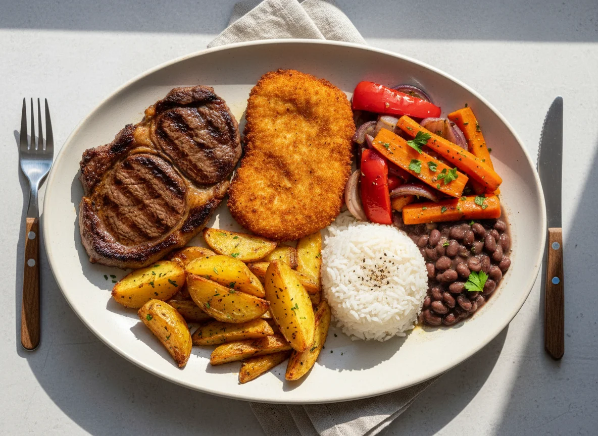 Prato feito com bife, frango empanado, batatas rústicas e vegetais assados photo