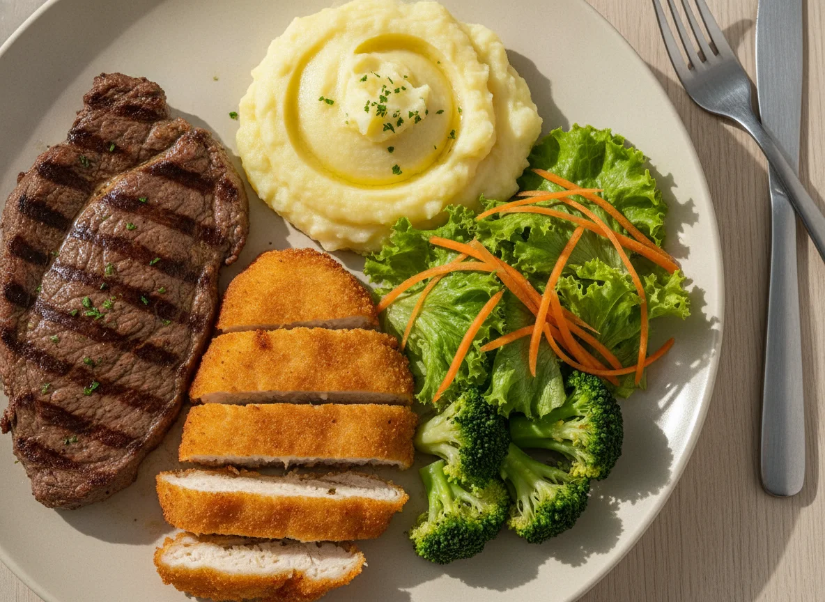 Prato feito com bife, frango empanado, purê de batata e salada photo