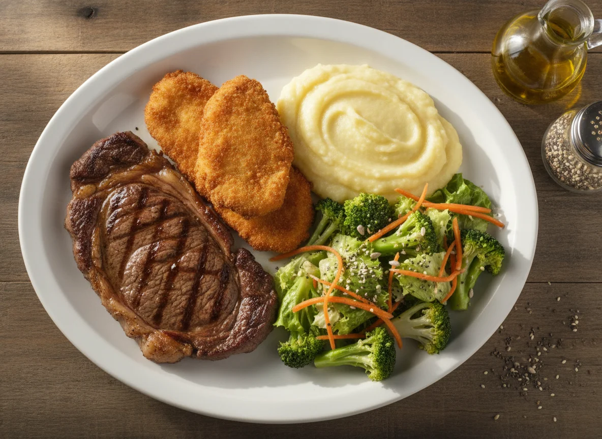 Prato feito com bife, frango empanado, purê de inhame e salada photo