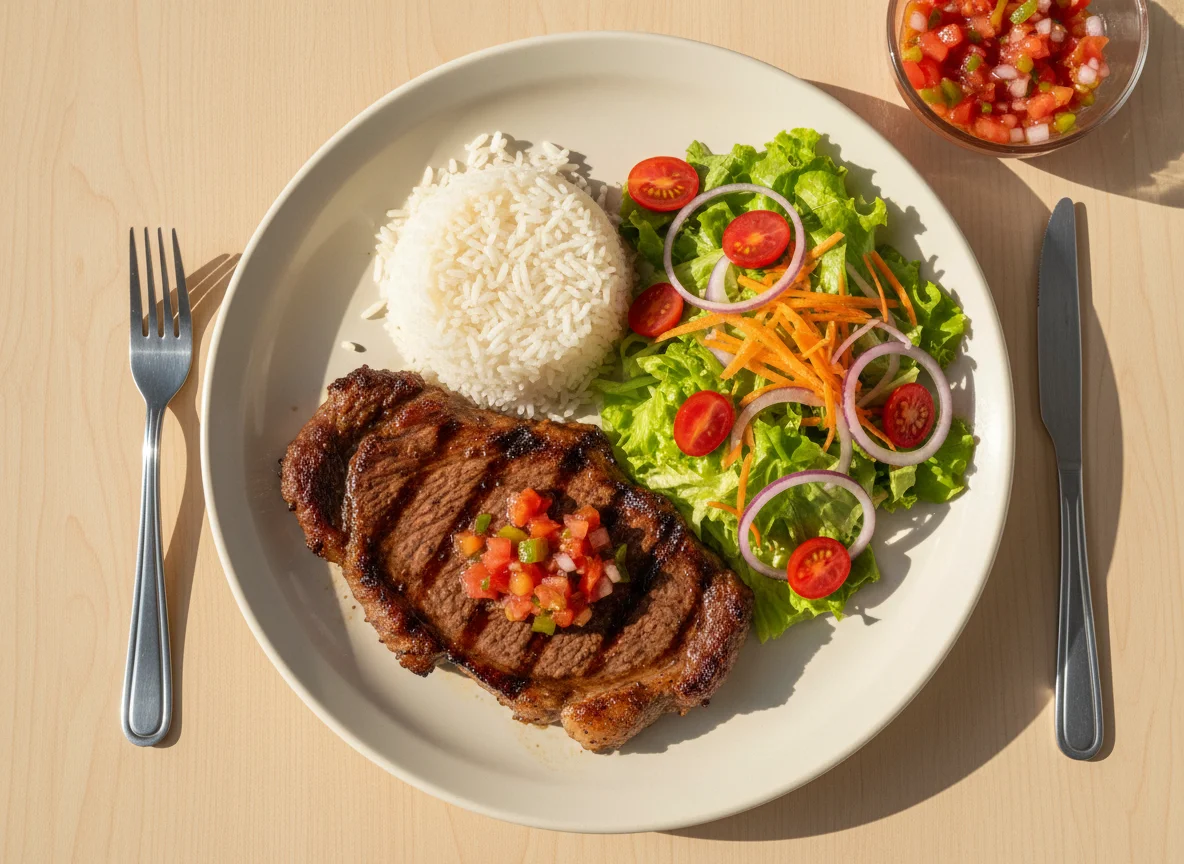 Prato feito com bife grelhado, arroz, salada e vinagrete photo