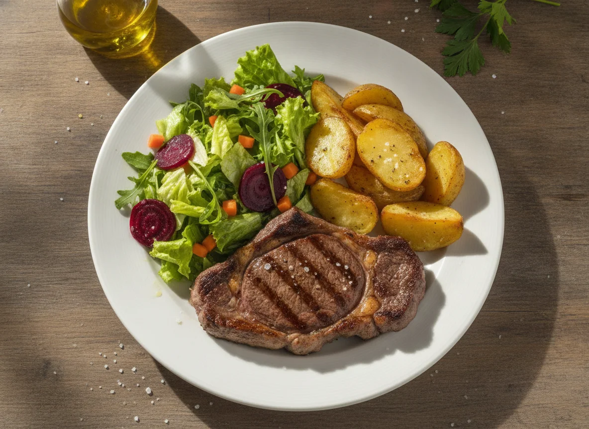 Prato feito com bife grelhado, batatas assadas e salada mista photo