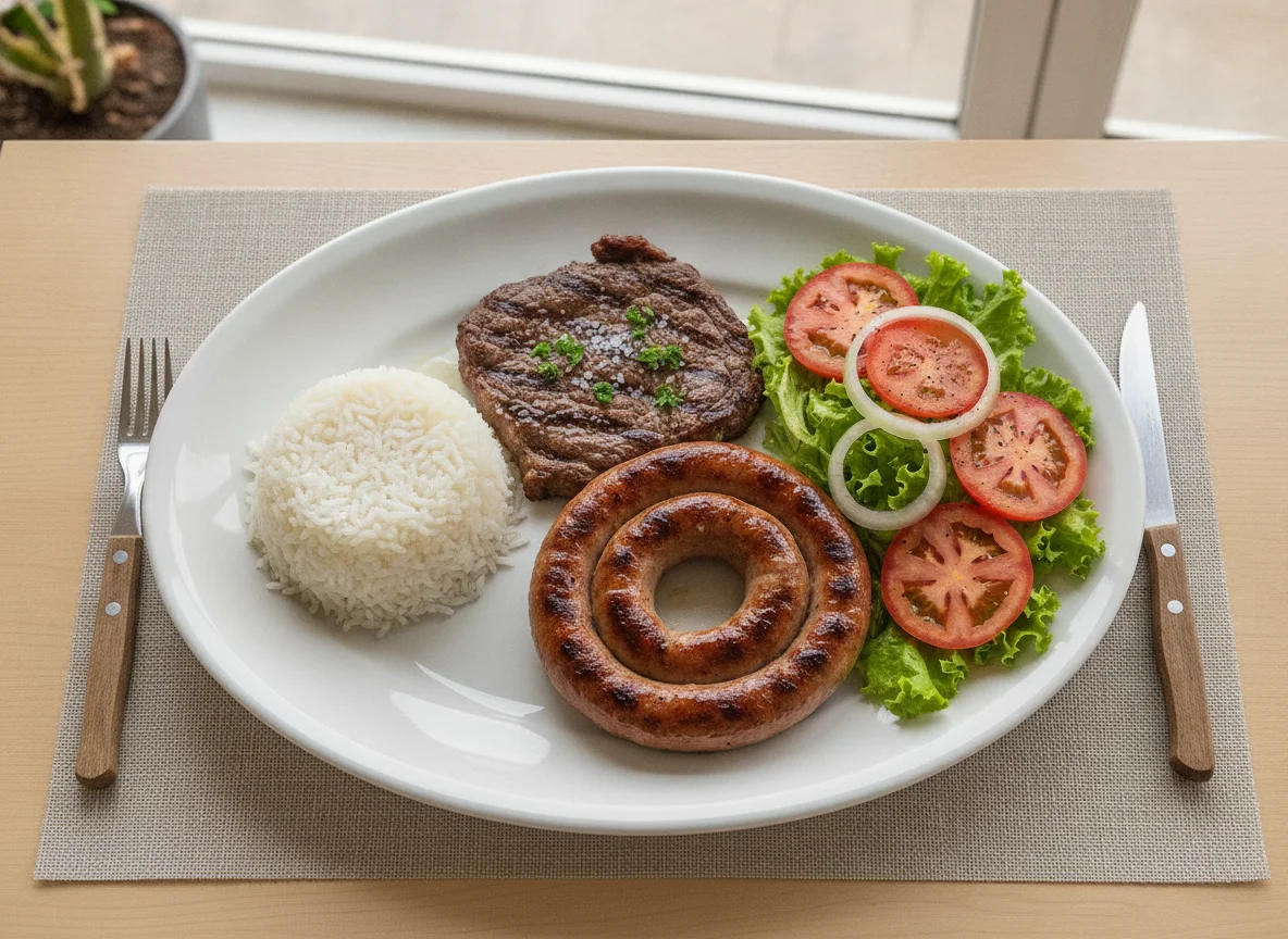 Prato feito com bife, linguiça, arroz e salada photo