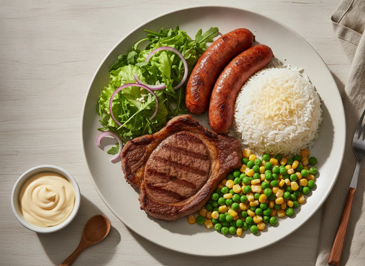 Prato feito com bife, linguiça, salada e acompanhamentos photo