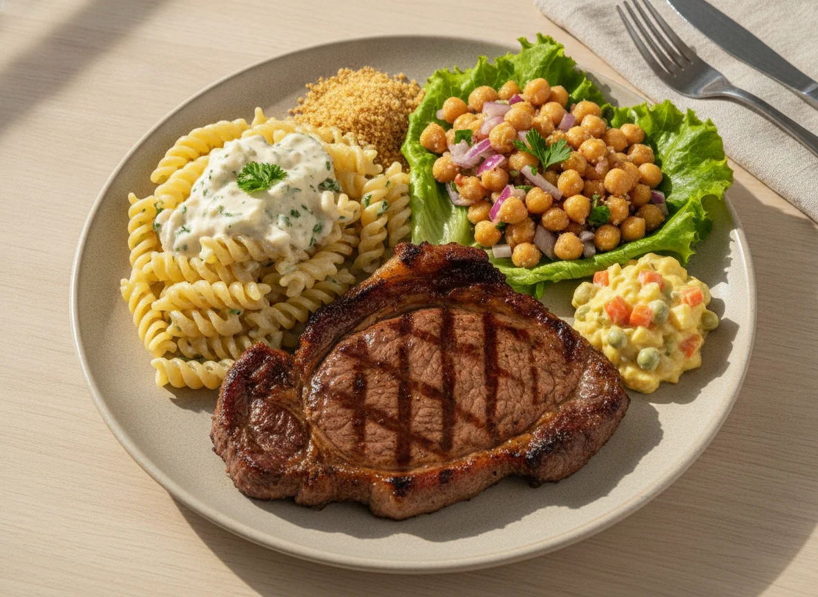 Prato Feito com Bife, Macarrão e Saladas photo