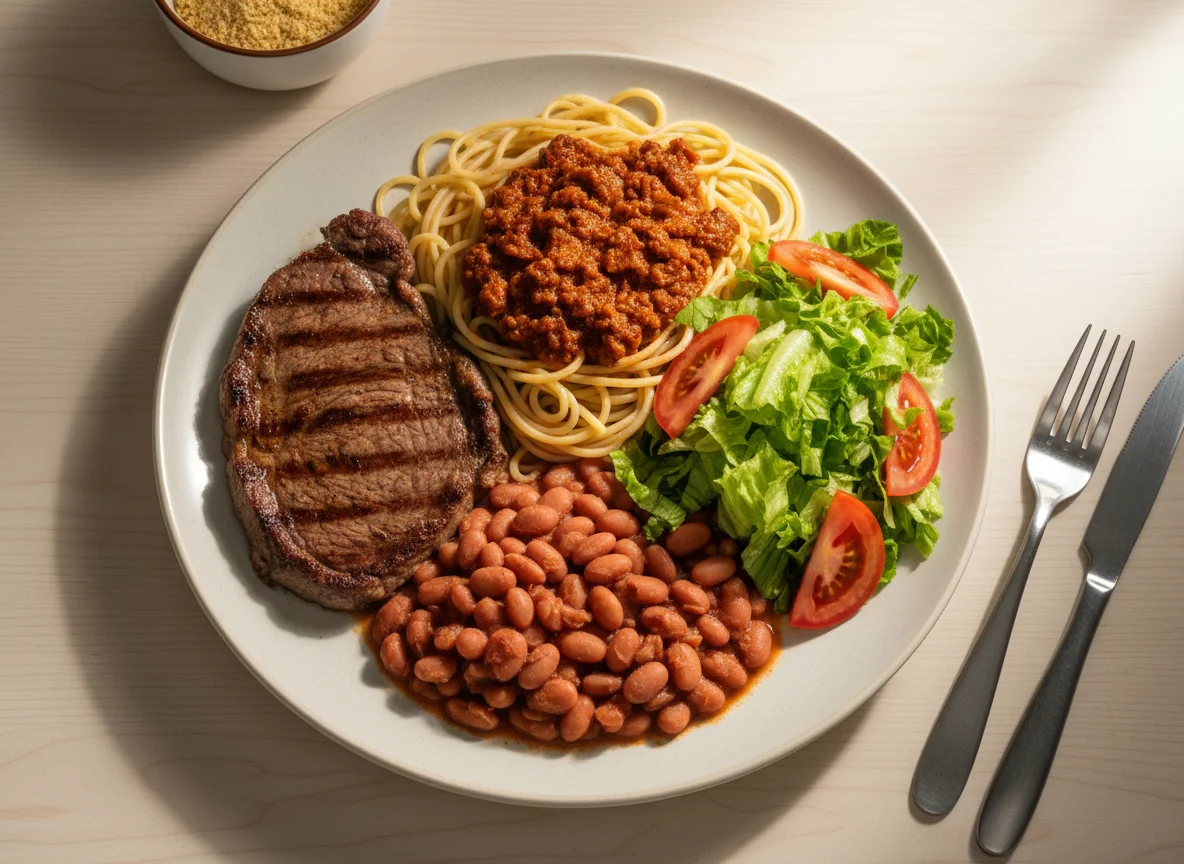 Prato feito com bife, macarrão, feijão e salada photo