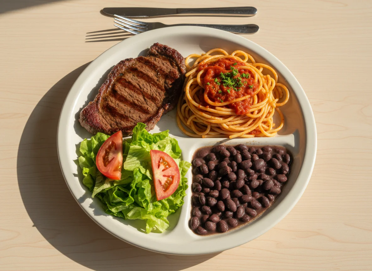 Prato feito com bife, macarrão, salada e feijão photo