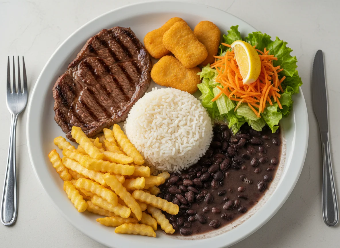 Prato feito com bife, nuggets, batata frita, arroz, feijão e salada photo
