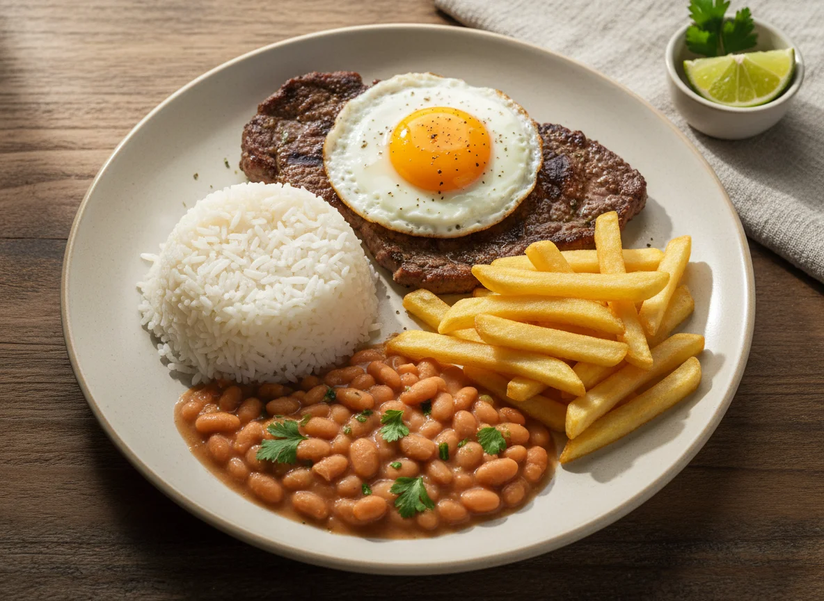 Prato feito com bife, ovo, arroz, batata frita e feijão photo