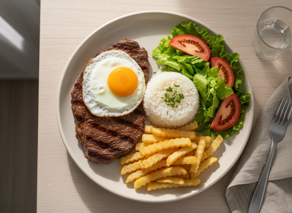Prato feito com bife, ovo, arroz, batata frita e salada photo