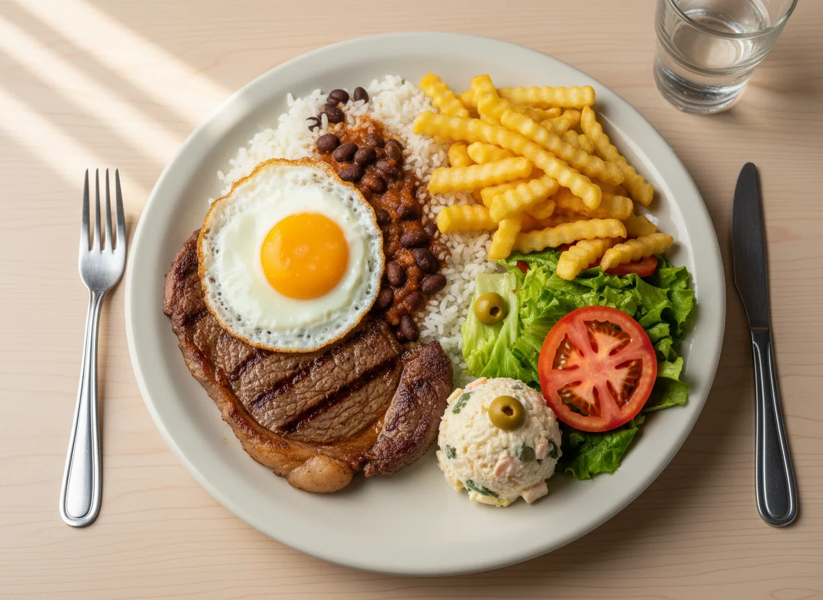 Prato feito com bife, ovo, arroz com feijão, batata frita e salada photo