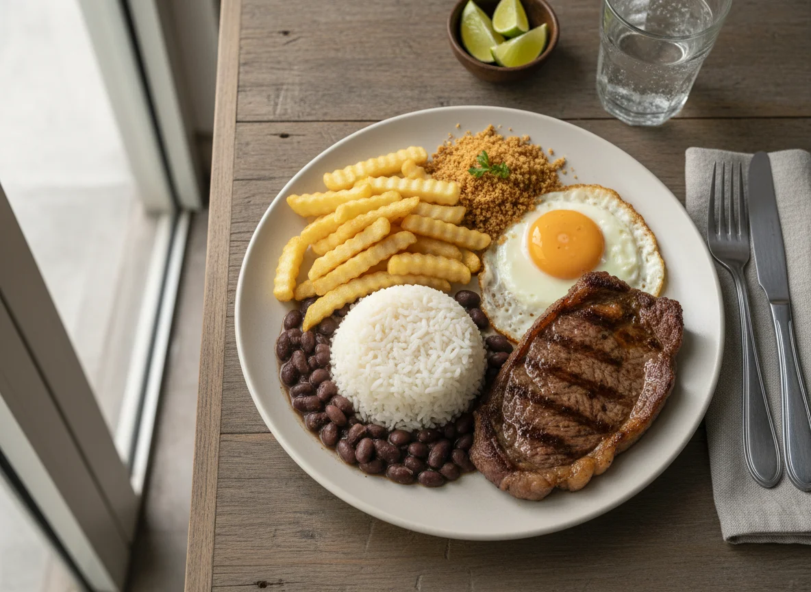 Prato feito com bife, ovo, arroz e batata frita photo
