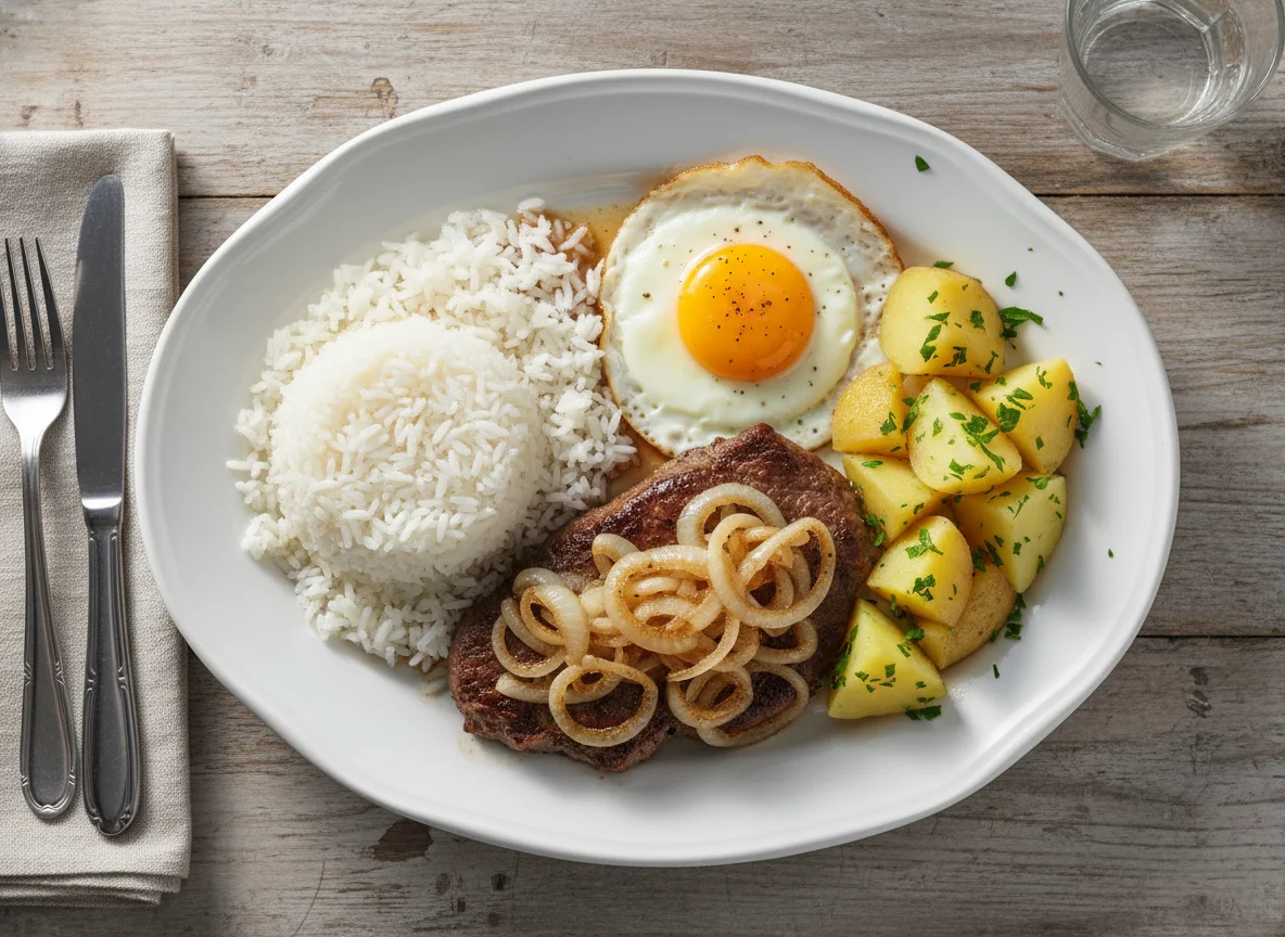 Prato feito com bife, ovo, arroz e batatas photo