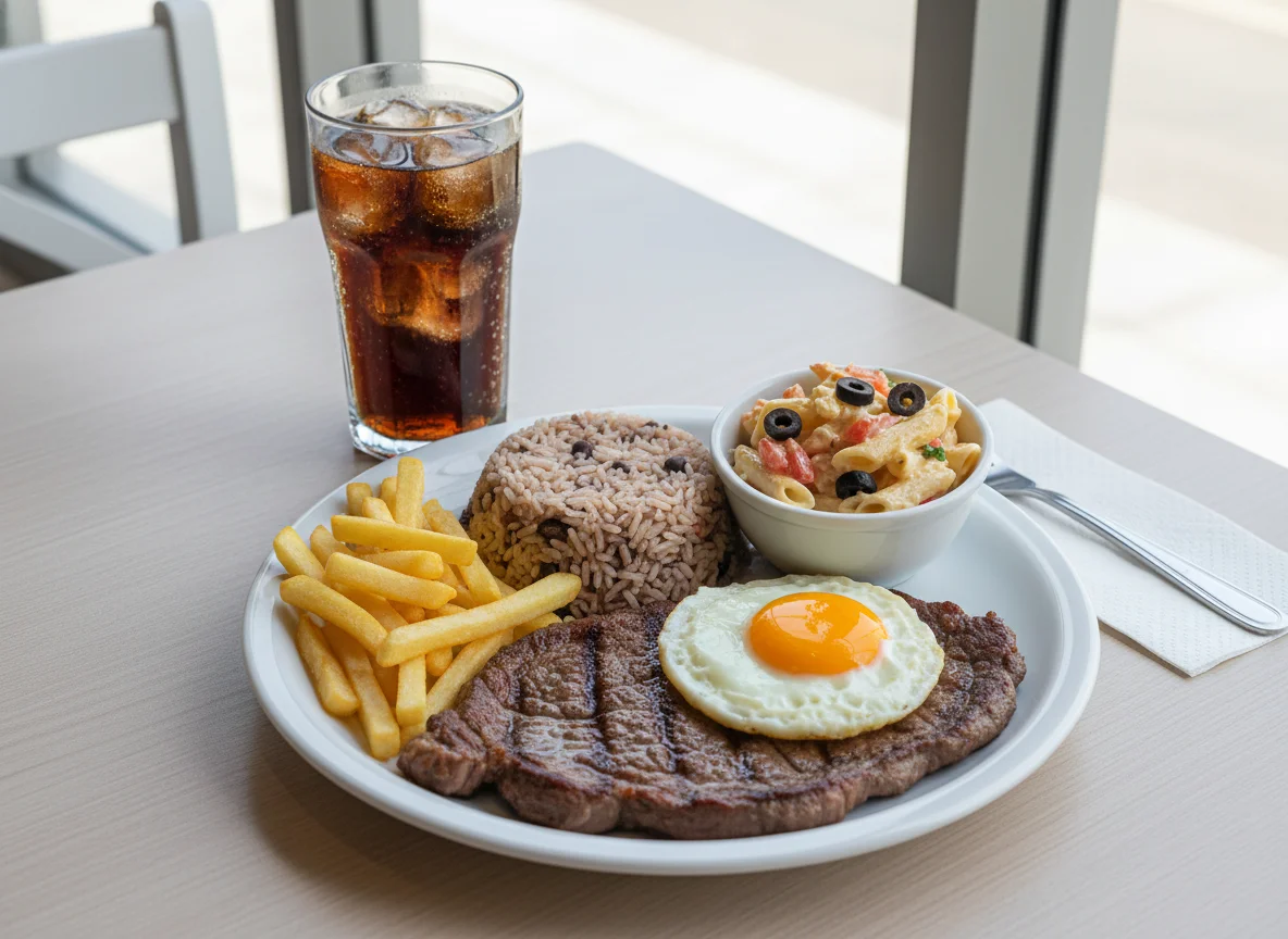 Prato feito com bife, ovo, arroz e feijão, batata frita e salada de macarrão photo