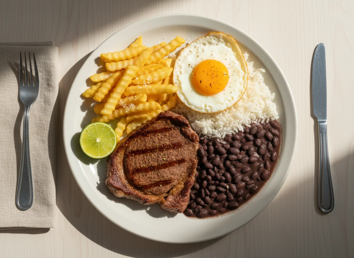 Prato feito com bife, ovo, arroz, feijão e batata frita photo
