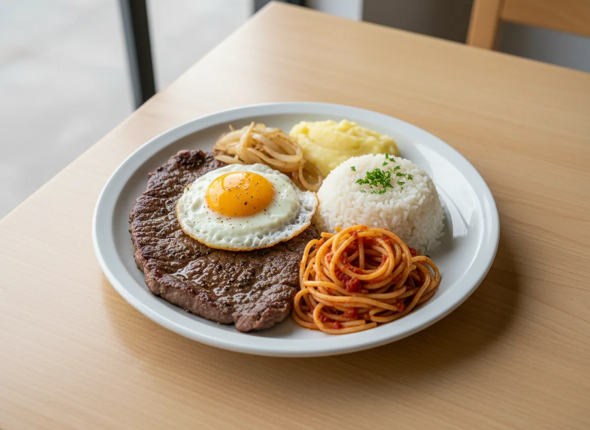 Prato feito com bife, ovo, arroz, macarrão e purê photo