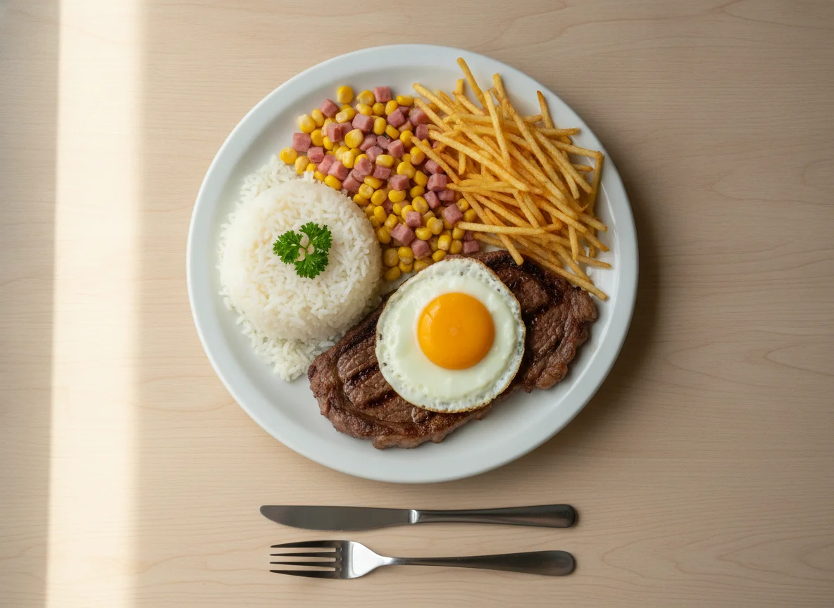 Prato feito com bife, ovo, arroz, milho e batata frita photo