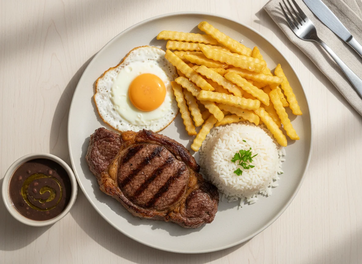 Prato feito com bife, ovo, batata frita e arroz photo